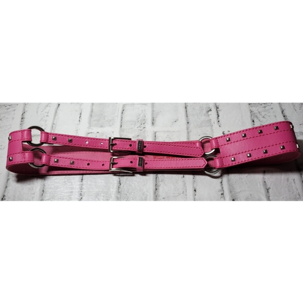 PEPE JEANS LONDON BELT PINK  GENUINE ITALIAN LEATHER DOUBLE BUCKLE METAL STUDS